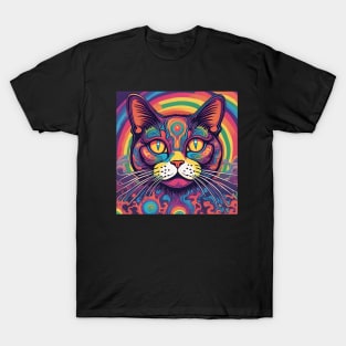 Groovy 70s rainbow colors psychedelic cat T-Shirt